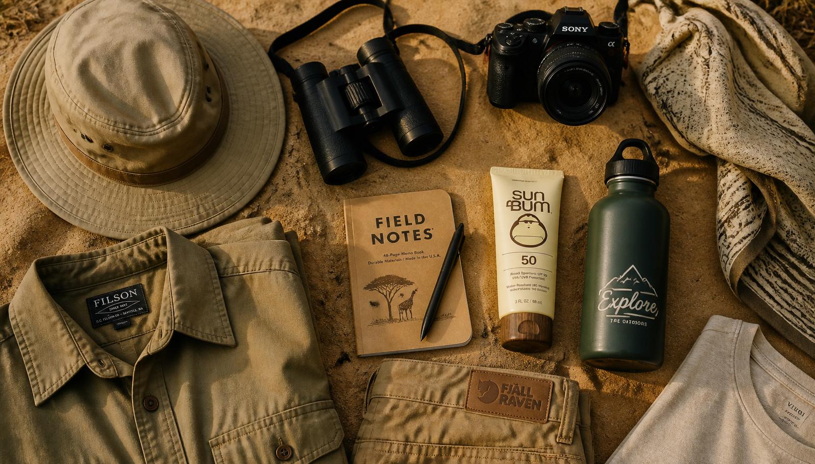 Safari packing essentials laid out on sand